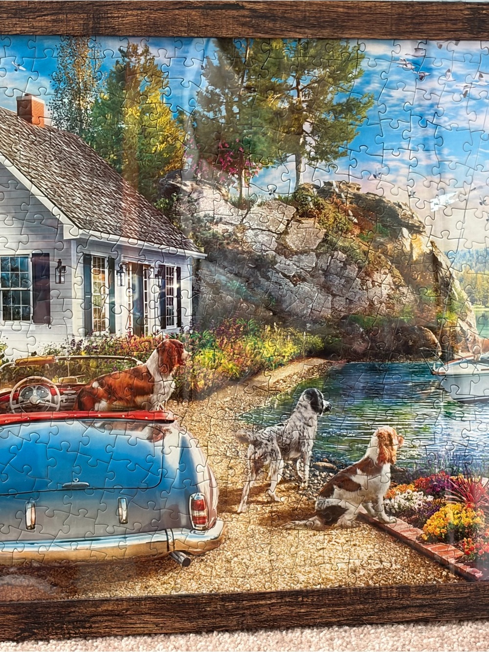 Scenic Lakeside Puzzle Art - Dogs by Cottage